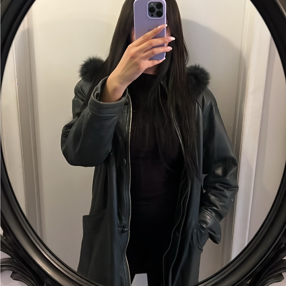 Vintage Leather Jacket With Fur Hood